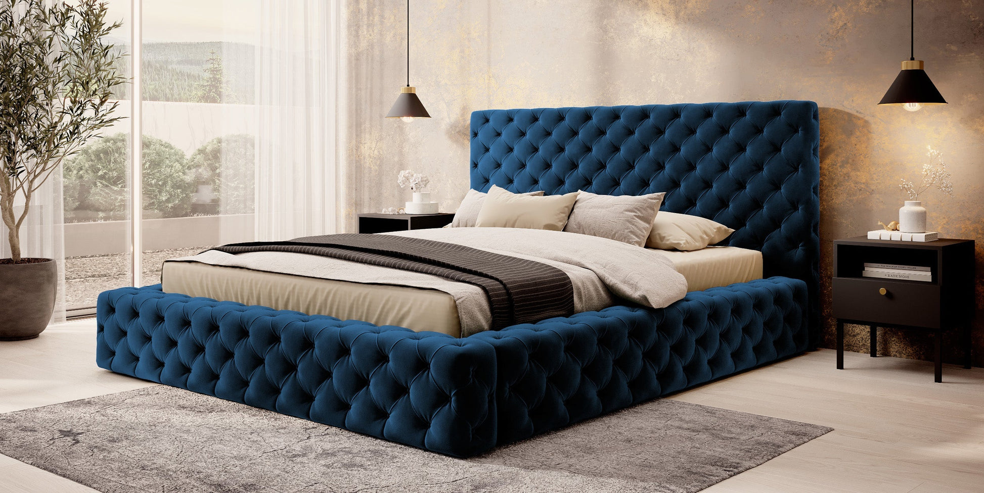 Łóżko Princce 180x200 Lukso 40 granatowy w eleganckiej sypialni z jasną pościelą i złotymi dodatkami.