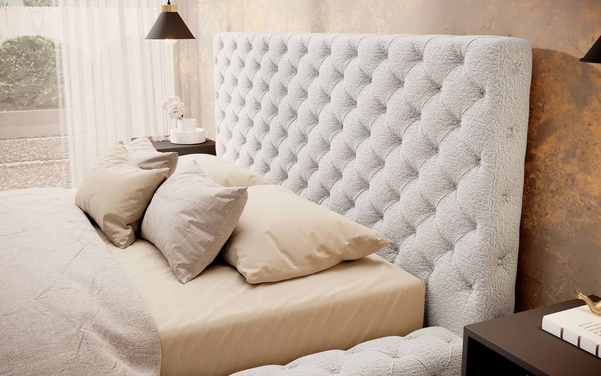 Zbliżenie na pikowane wezgłowie łóżka Princce 140x200 Royal 01 biały w stylu Chesterfield.