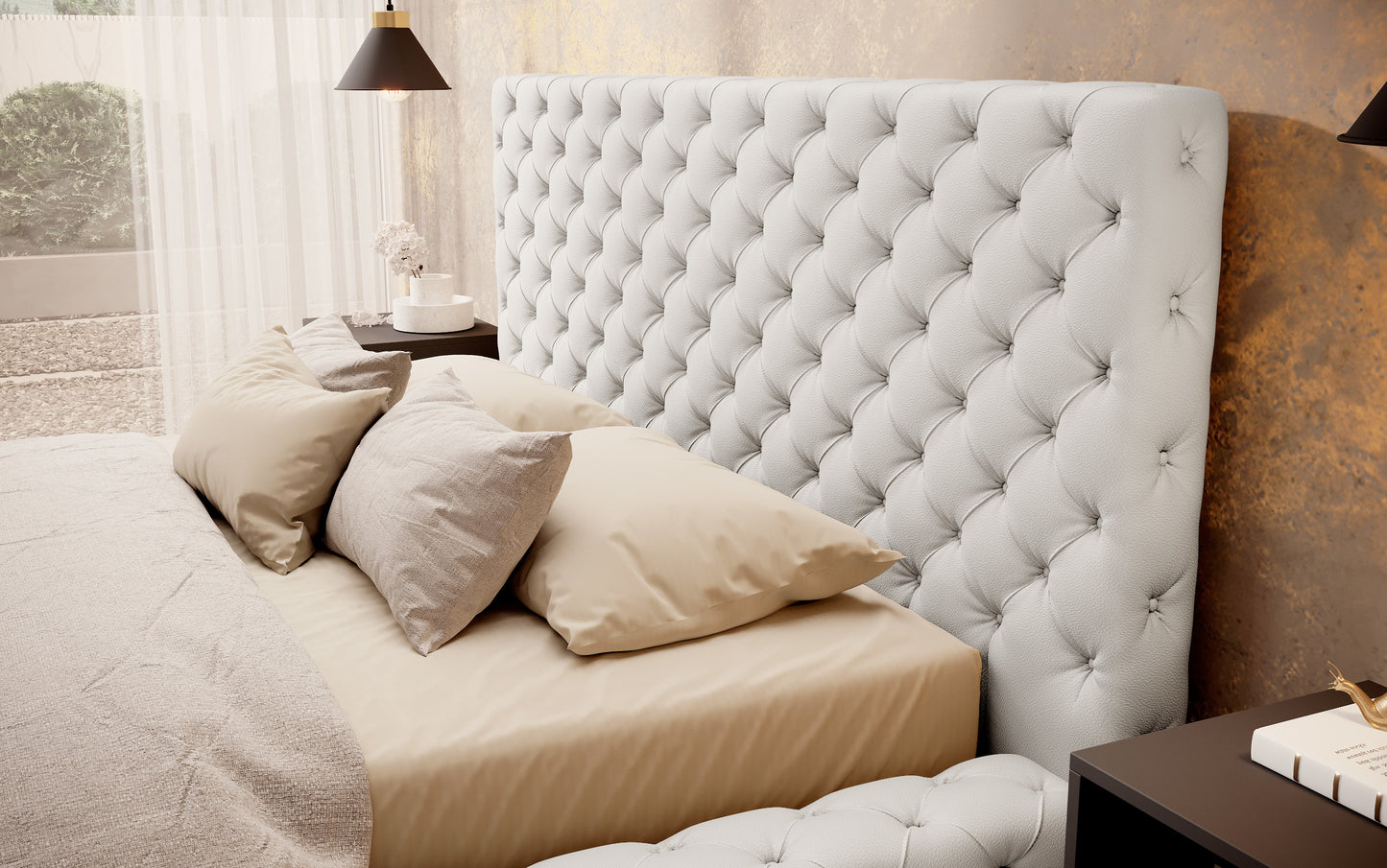Łóżko Princce 140x200 Softis 17 biały z wysokim, tapicerowanym zagłówkiem i beżową pościelą.