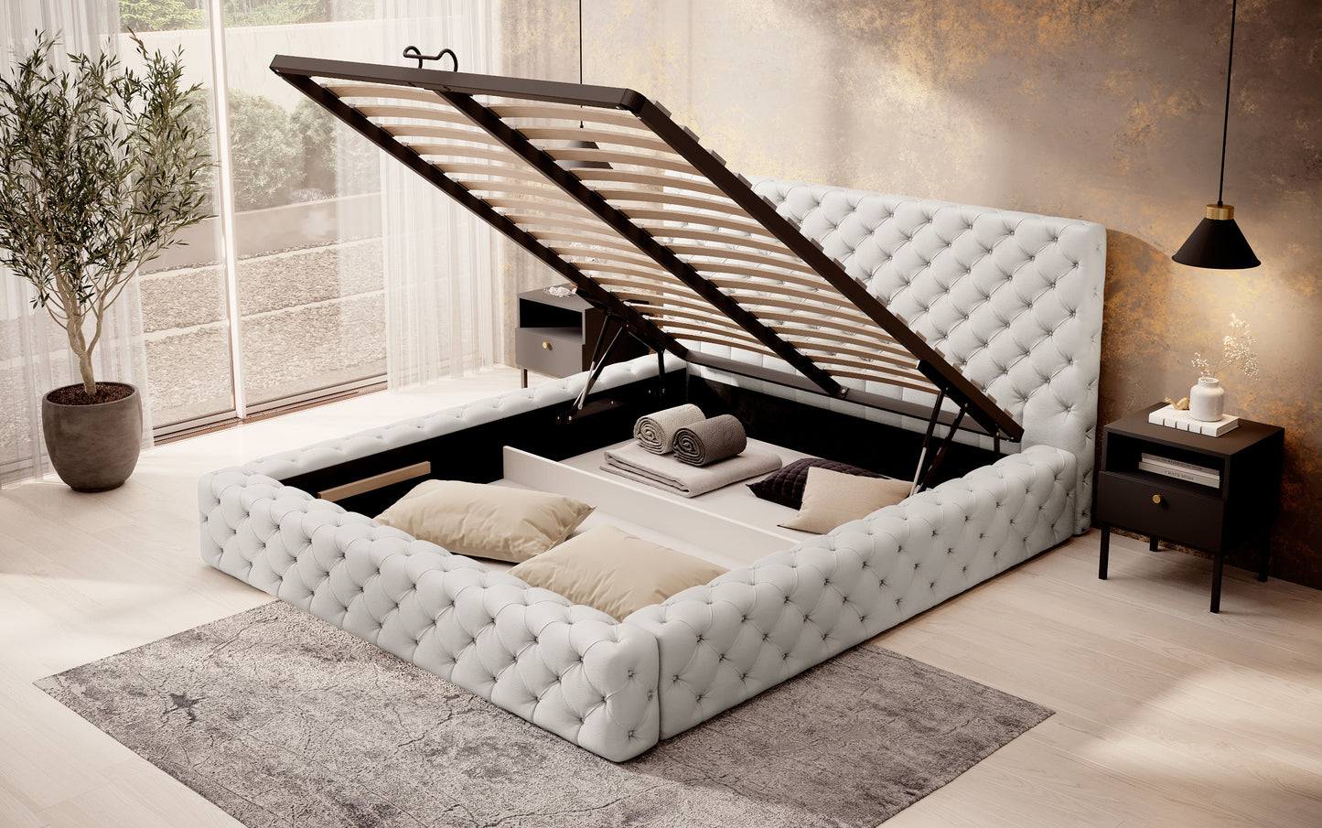 Łóżko Princce 140x200 Softis 17 biały z pojemnikiem na pościel – uniesiony stelaż pokazujący przestrzeń do przechowywania.