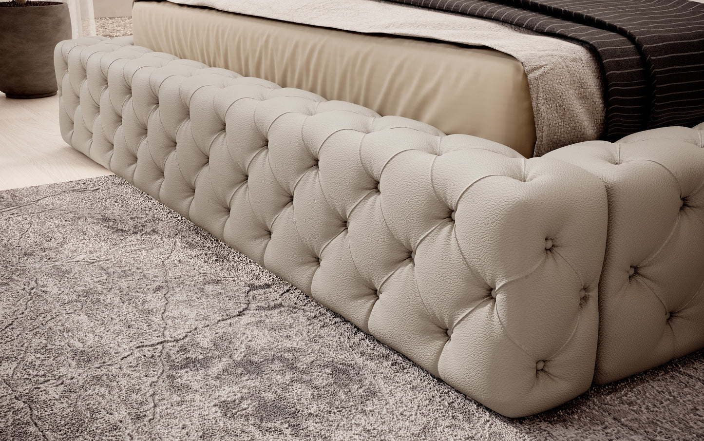 Detal narożnika łóżka Princce 140x200 Softis 33 beżowy – miękkie tapicerowane wykończenie o welurowej strukturze.