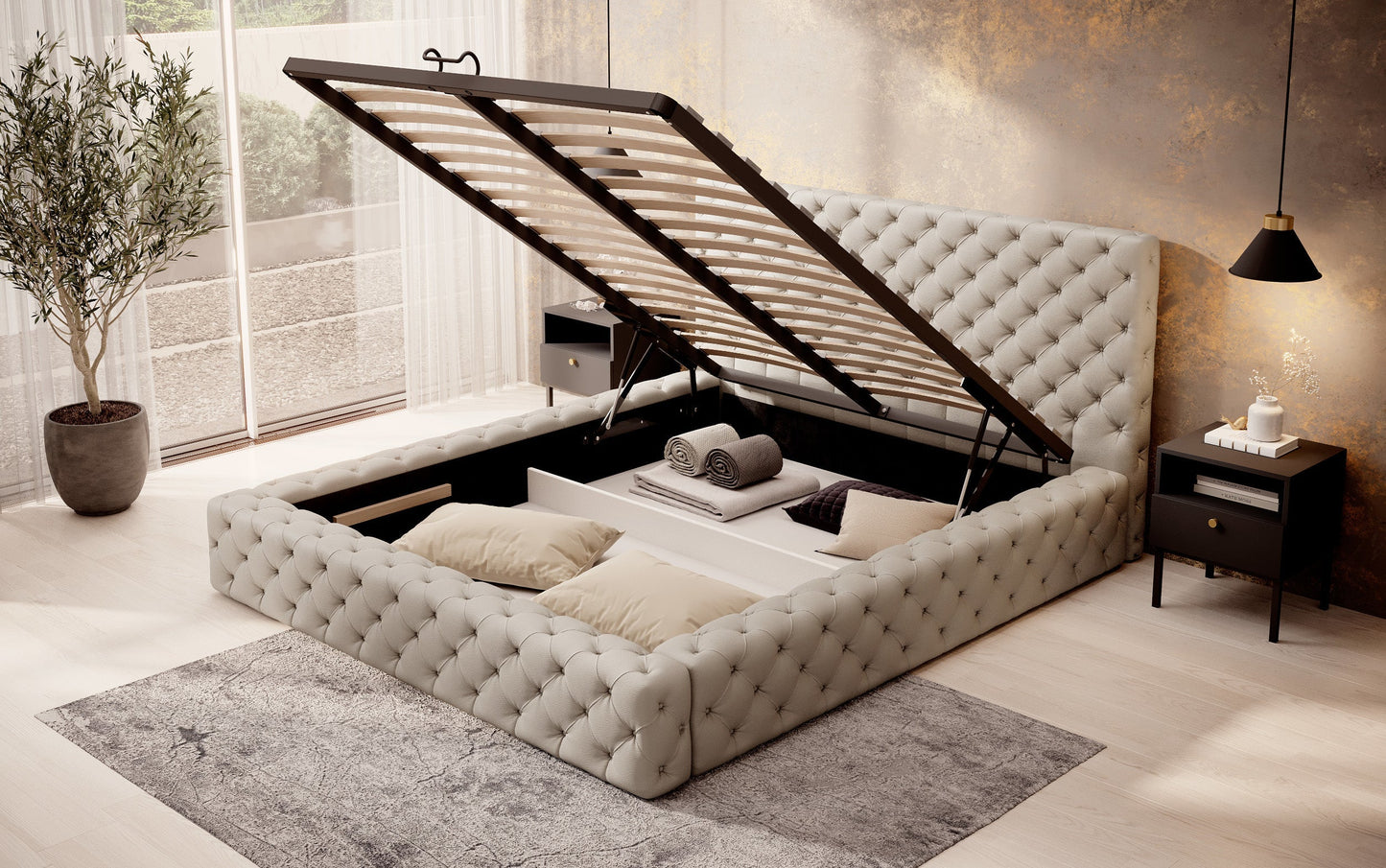 Łóżko Princce 180x200 Softis 33 beżowy z pojemnikiem na pościel – uniesiony stelaż ukazujący przestrzeń do przechowywania.