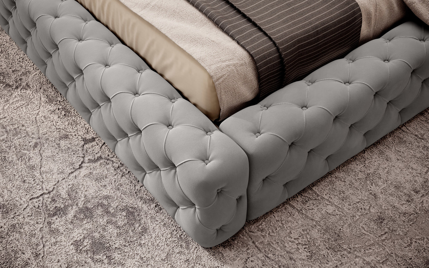 Detal narożnika łóżka Princce 140x200 Sola 04 jasnoszary – miękkie tapicerowane wykończenie o tkaninowej strukturze.