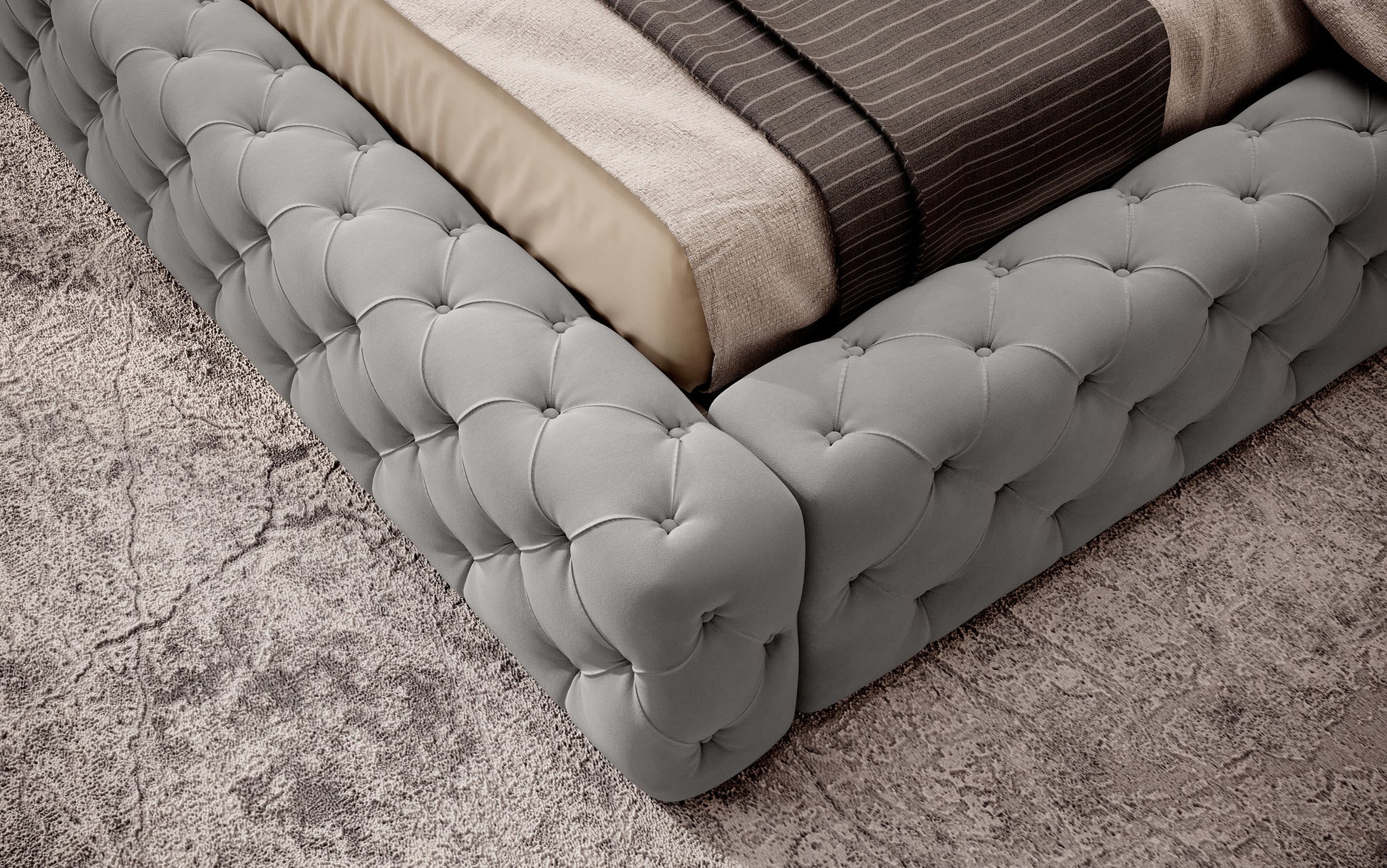 Detal narożnika łóżka Princce 140x200 Sola 04 jasnoszary – miękkie tapicerowane wykończenie o tkaninowej strukturze.