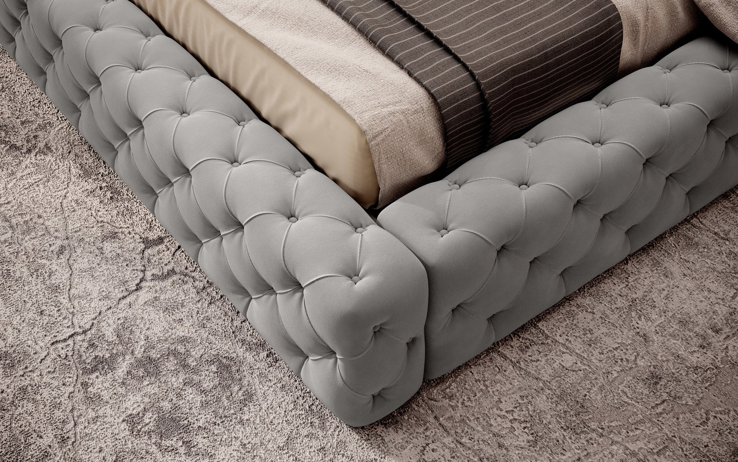 Detal narożnika łóżka Princce 160x200 Sola 04 jasnoszary – miękkie tapicerowane wykończenie o tkaninowej strukturze.