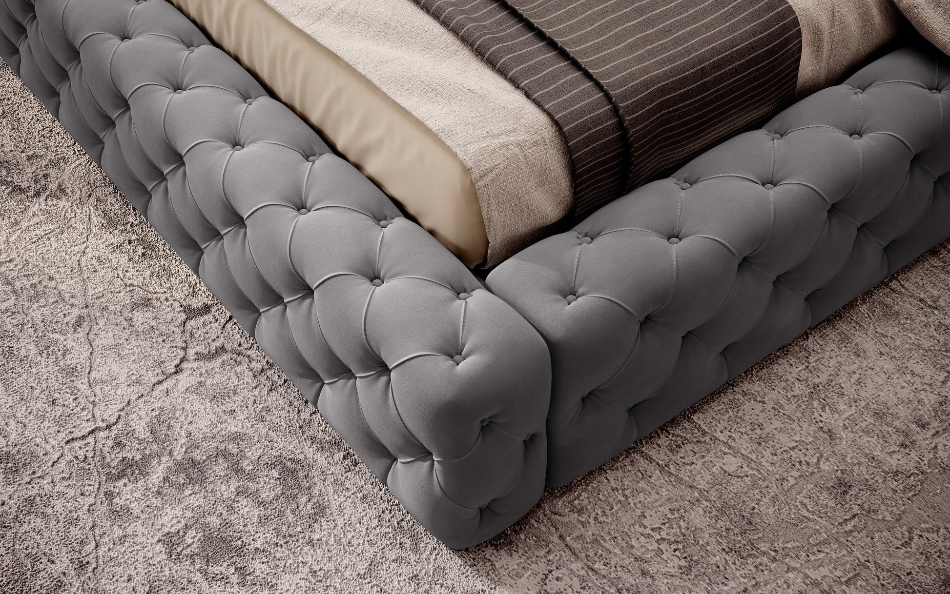 Detal narożnika łóżka Princce 160x200 Sola 06 szary – miękkie tapicerowane wykończenie o tkaninowej strukturze.