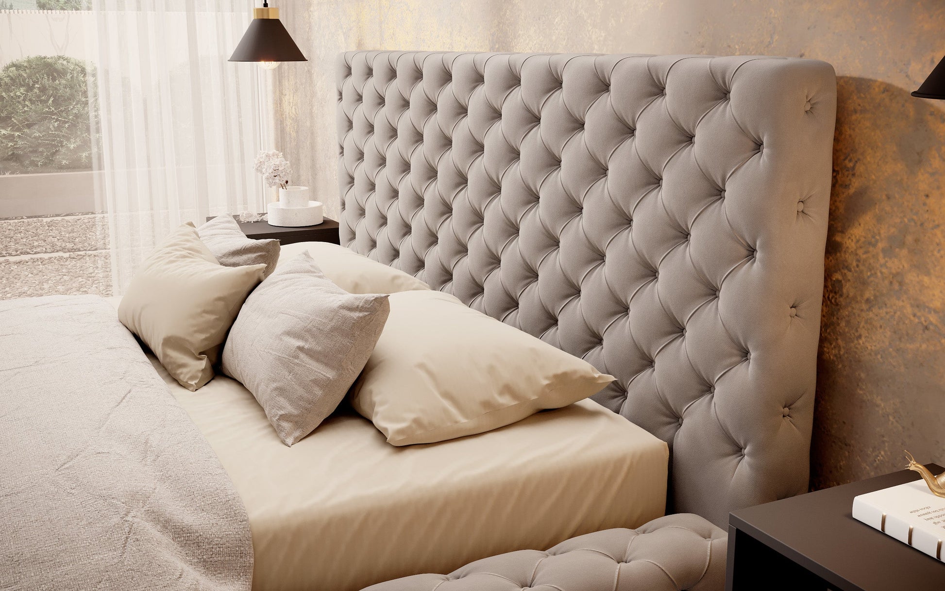 Zbliżenie na pikowane wezgłowie łóżka Princce 160x200 Sola 18 beżowy w stylu Chesterfield.