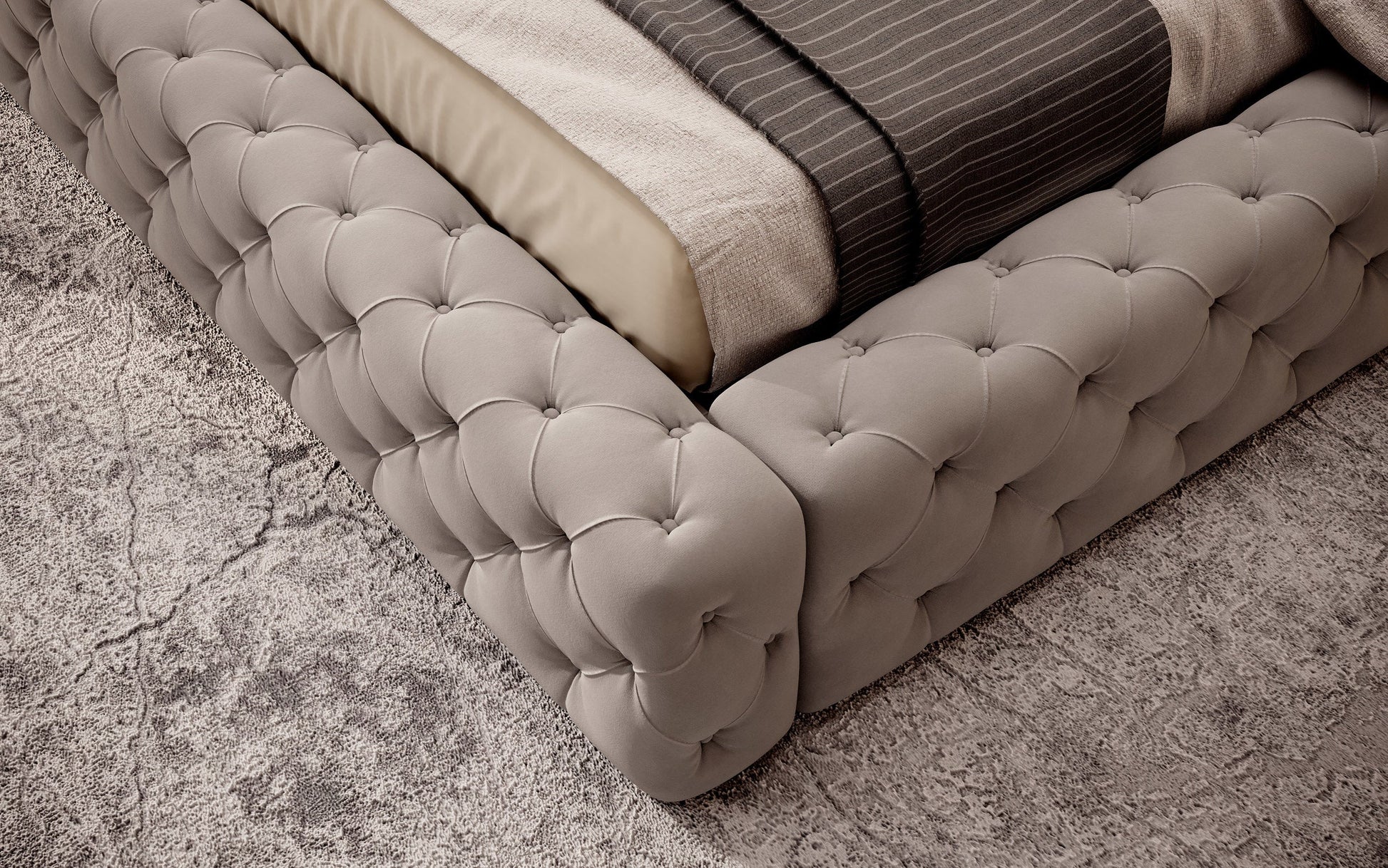 Dolna część łóżka Princce 160x200 Sola 18 beżowy z pikowanym obiciem i jasną narzutą.