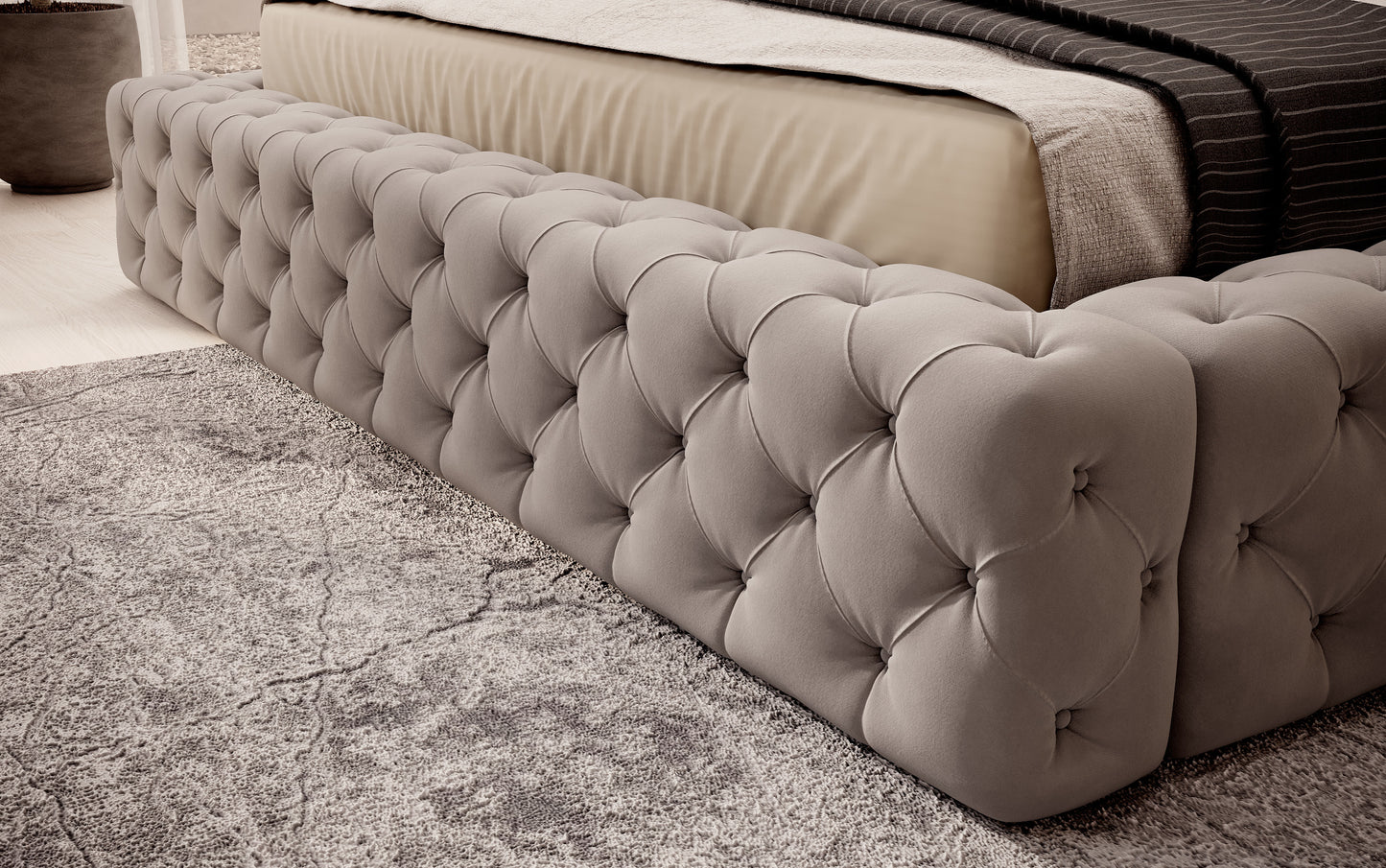 Detal narożnika łóżka Princce 180x200 Sola 18 beżowy – miękkie tapicerowane wykończenie o tkaninowej strukturze.