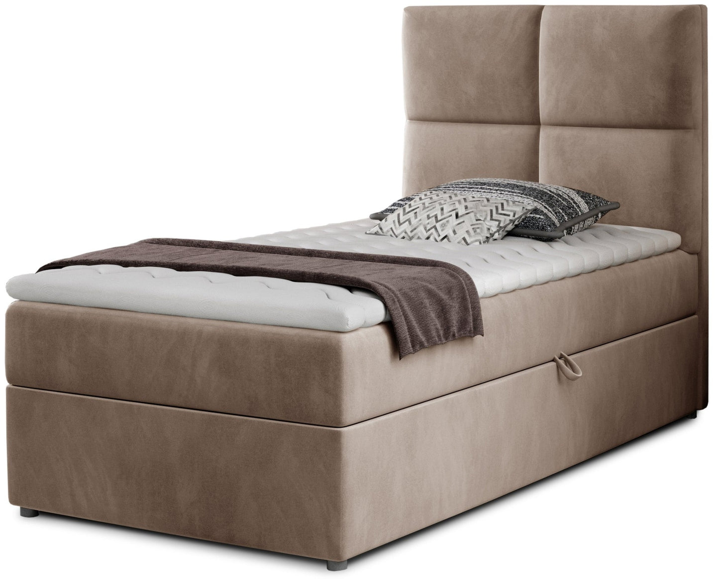 Łóżko Rivia w kolorze Monolith 09 jasnobrązowy o wymiarach 90x200 cm, widok z przodu na białym tle.