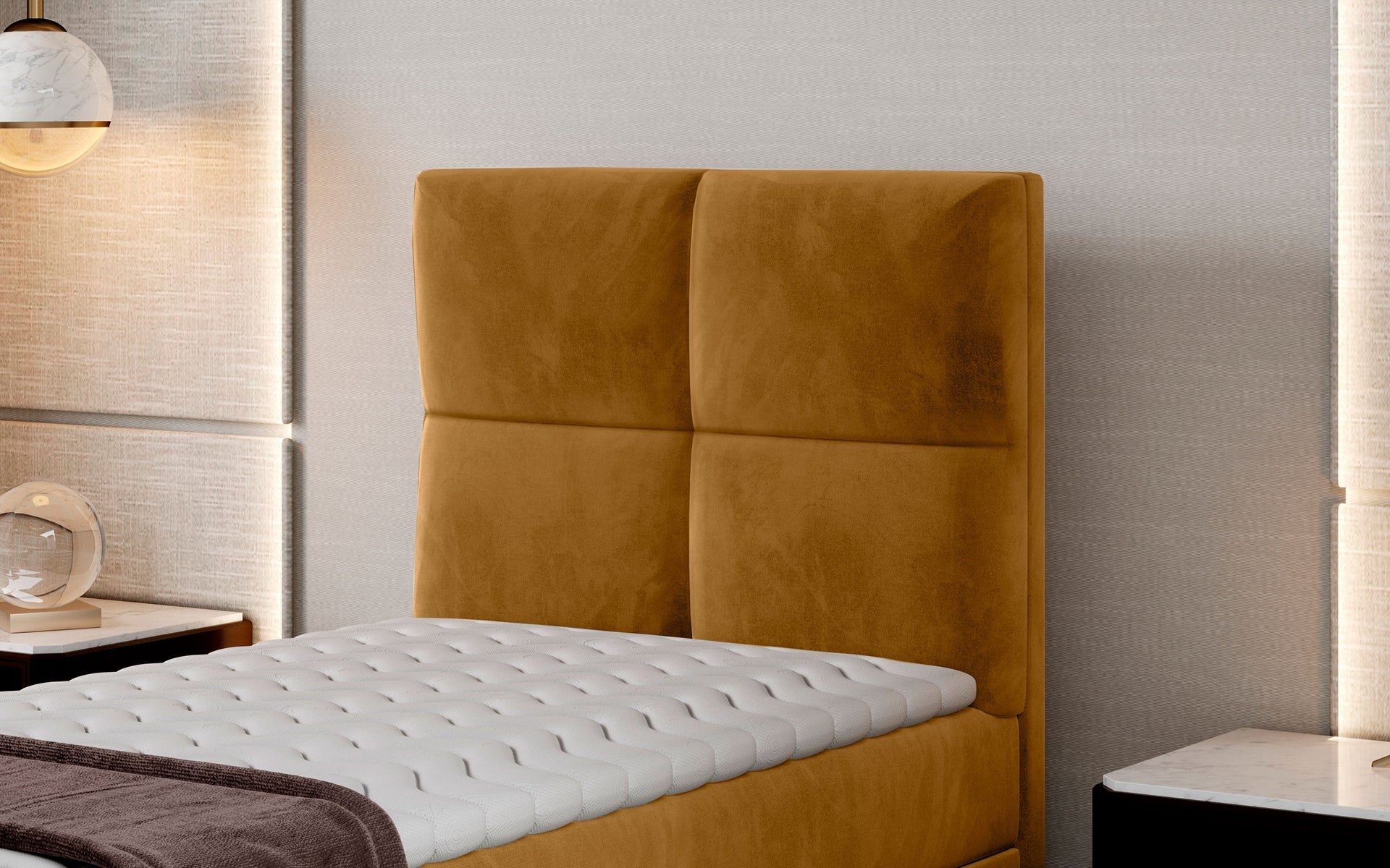 Zbliżenie na wezgłowie łóżka Rivia w kolorze Monolith 48 żółty o wymiarach 90x200 cm, w nowoczesnej sypialni.