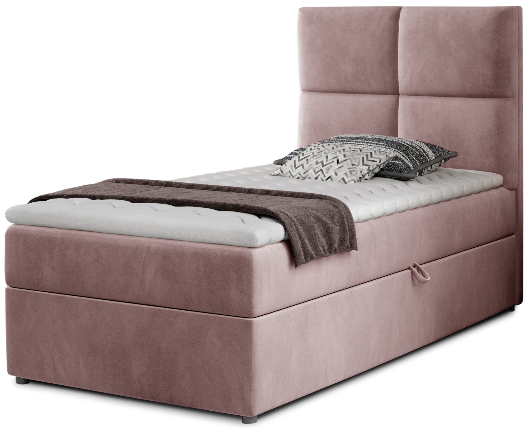 Łóżko Rivia w kolorze Monolith 63 różowy o wymiarach 90x200 cm, widok z przodu na białym tle.