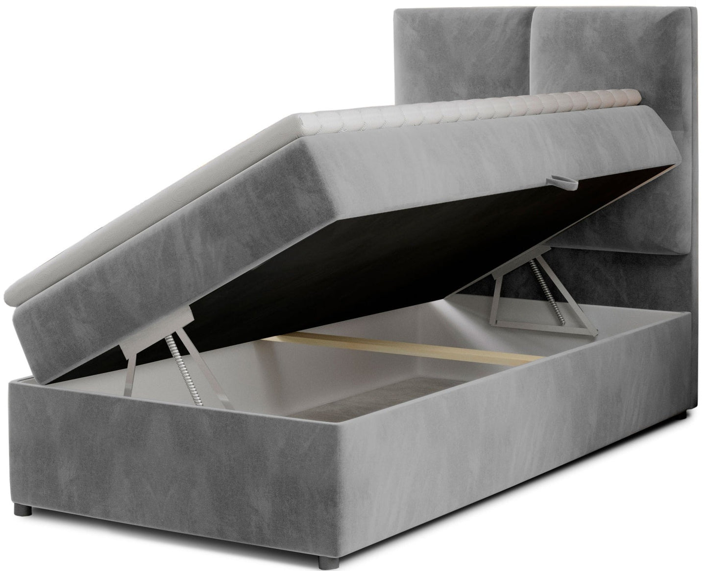 Łóżko Rivia w kolorze Monolith 84 jasnoszary o wymiarach 90x200 cm z podniesionym stelażem i otwartym pojemnikiem na pościel.