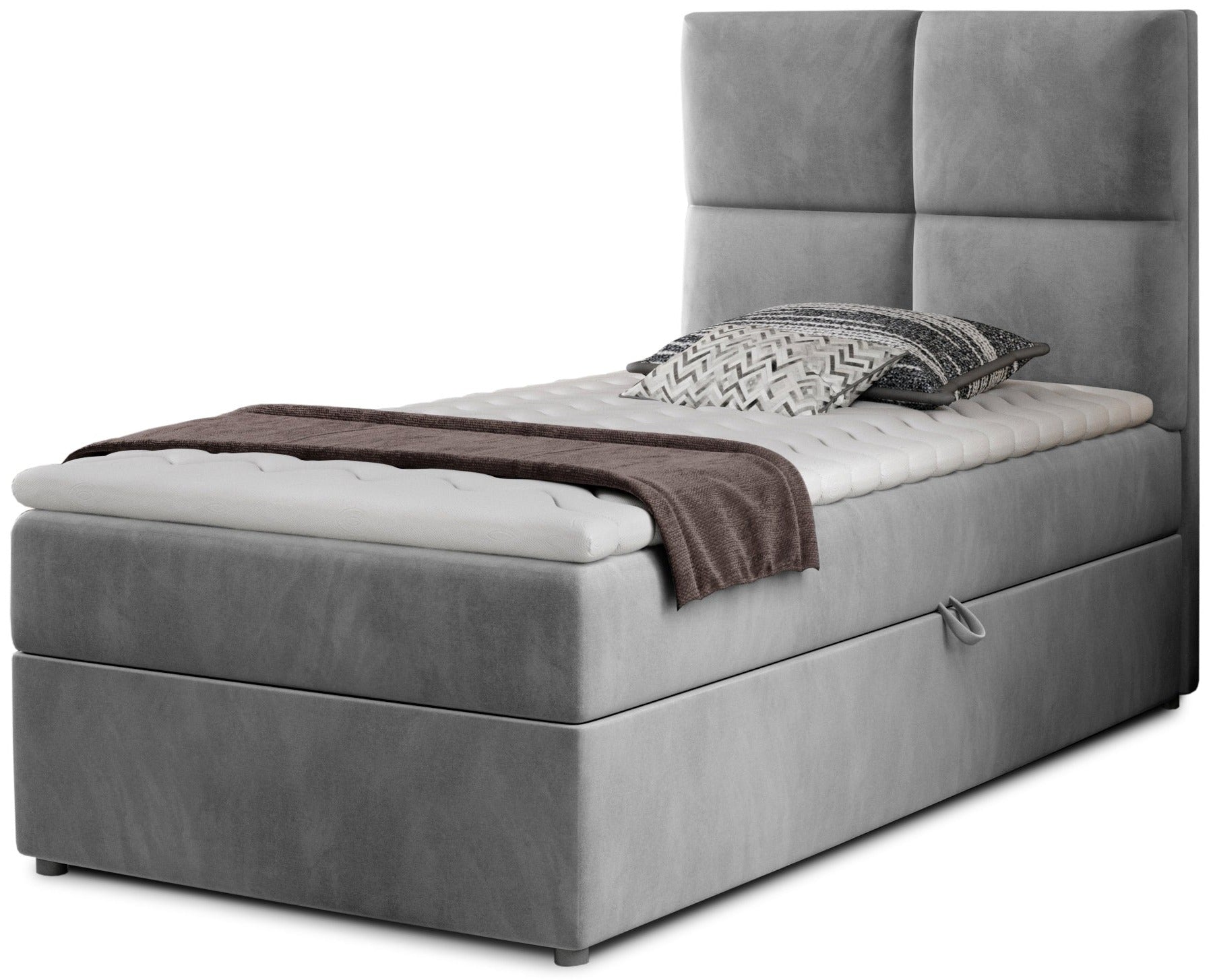 Łóżko Rivia w kolorze Monolith 84 jasnoszary o wymiarach 90x200 cm, widok z przodu na białym tle.