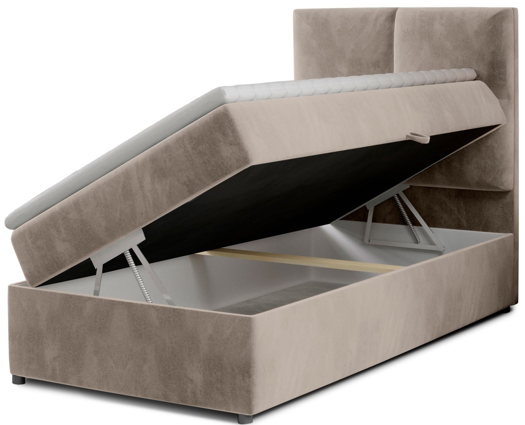Łóżko Rivia w kolorze Paros 02 beżowy o wymiarach 90x200 cm z podniesionym stelażem i otwartym pojemnikiem na pościel.