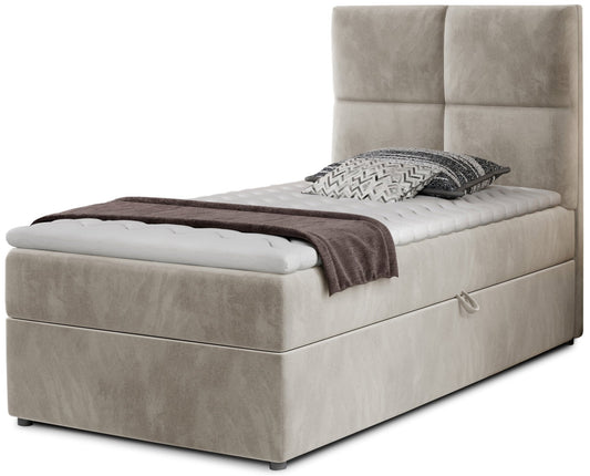 Łóżko Rivia w kolorze Paros 02 beżowy o wymiarach 90x200 cm, widok z przodu na białym tle.