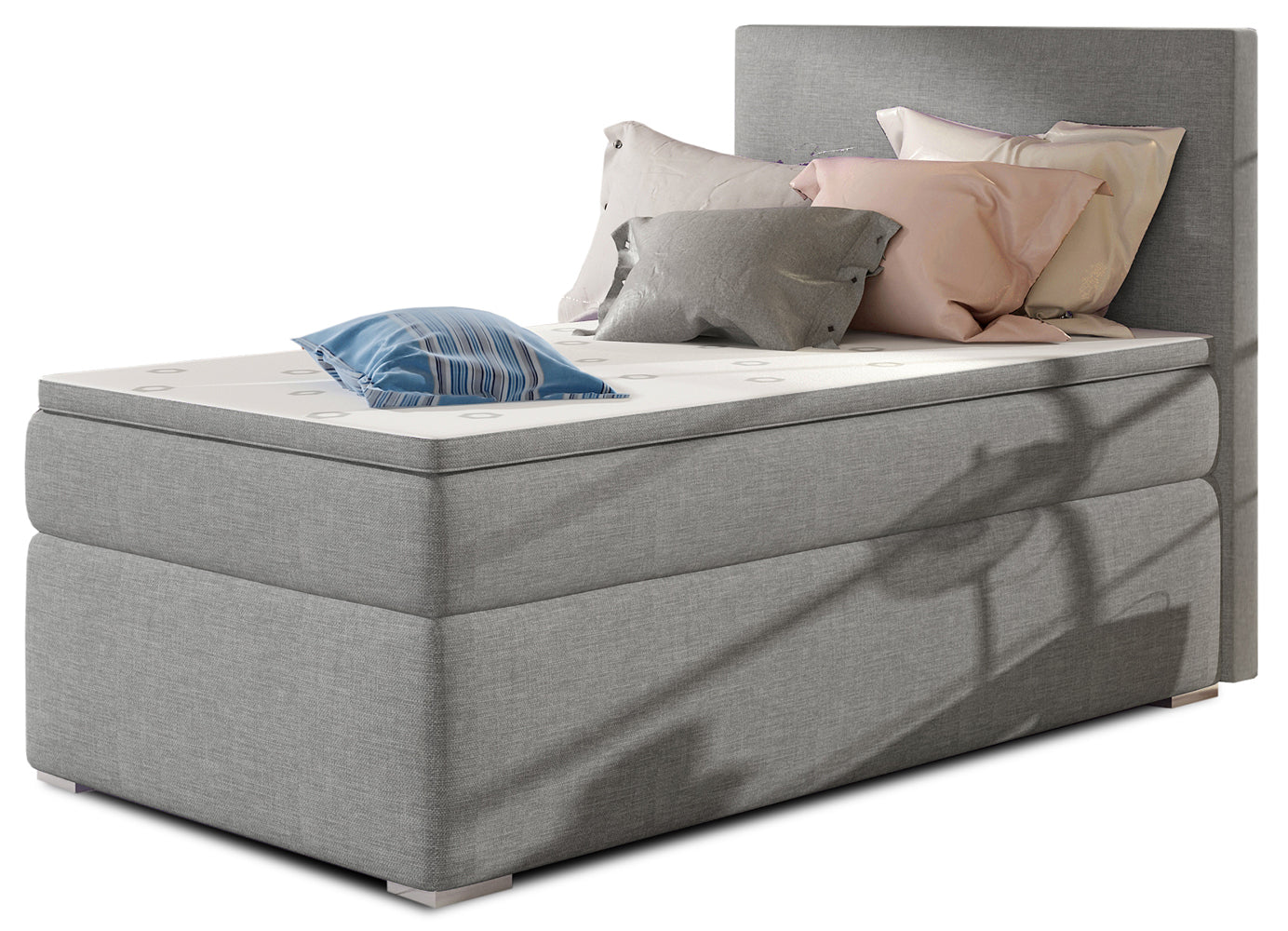 Łóżko kontynentalne Rocco w kolorze Sawana 21 szary, układ prawy – widok studyjny z przodu, prezentujące tapicerowane wykończenie w eleganckim, szarym odcieniu oraz nowoczesny, prosty zagłówek.