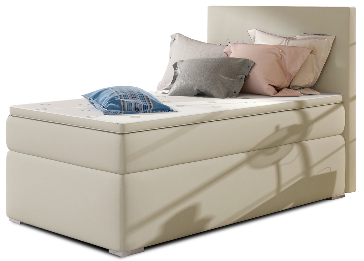 Łóżko kontynentalne Rocco w kolorze Soft 33 jasnobeżowy, układ prawy – widok studyjny z przodu, prezentujące tapicerowane wykończenie w ciepłym, beżowym odcieniu oraz elegancki, prosty zagłówek.