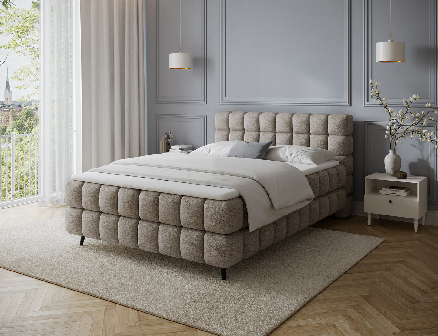 Materac łóżka Sabeno Royal 20 beżowy – komfortowa powierzchnia spania, elegancka tkanina boucle i ponadczasowy design w naturalnym odcieniu.