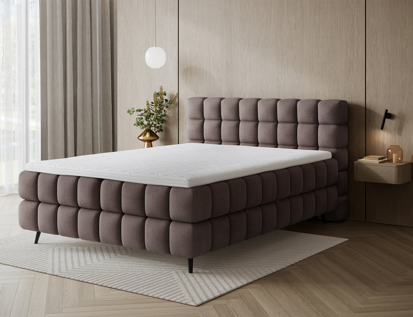 Materac łóżka Sabeno Tonall 22 ciemnobeżowy – komfortowa powierzchnia spania w eleganckiej tkaninie boucle, zapewniająca relaks i wygodę.