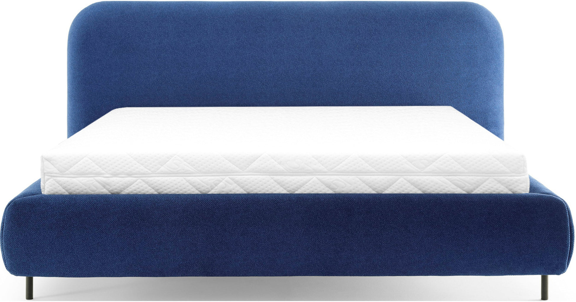 Frontowy widok niebieskiego łóżka tapicerowanego Paoli 160×200 cm z białym materacem na białym tle