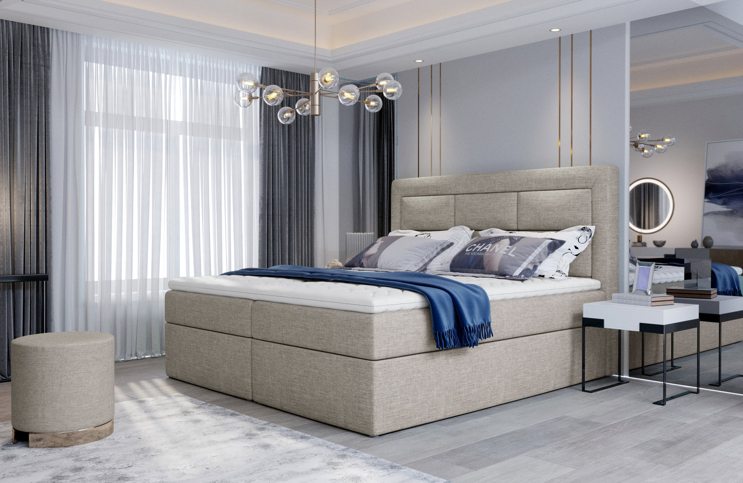 Elegancka sypialnia z łóżkiem kontynentalnym Vivre w kolorze Cover 02 jasnoszary, rozmiar 140x200 cm, z tapicerowanym zagłówkiem i nowoczesnym oświetleniem.