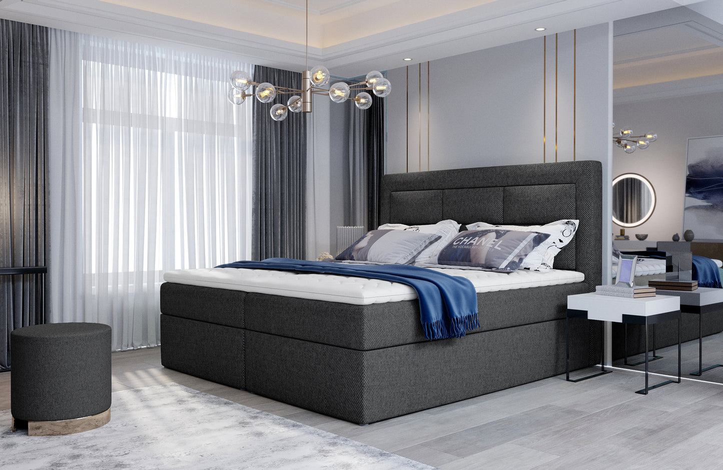 Stylowa sypialnia z łóżkiem Vivre w kolorze Inari 96 ciemnoszary, rozmiar 160x200 cm, z tapicerowanym zagłówkiem i nowoczesną aranżacją wnętrza.