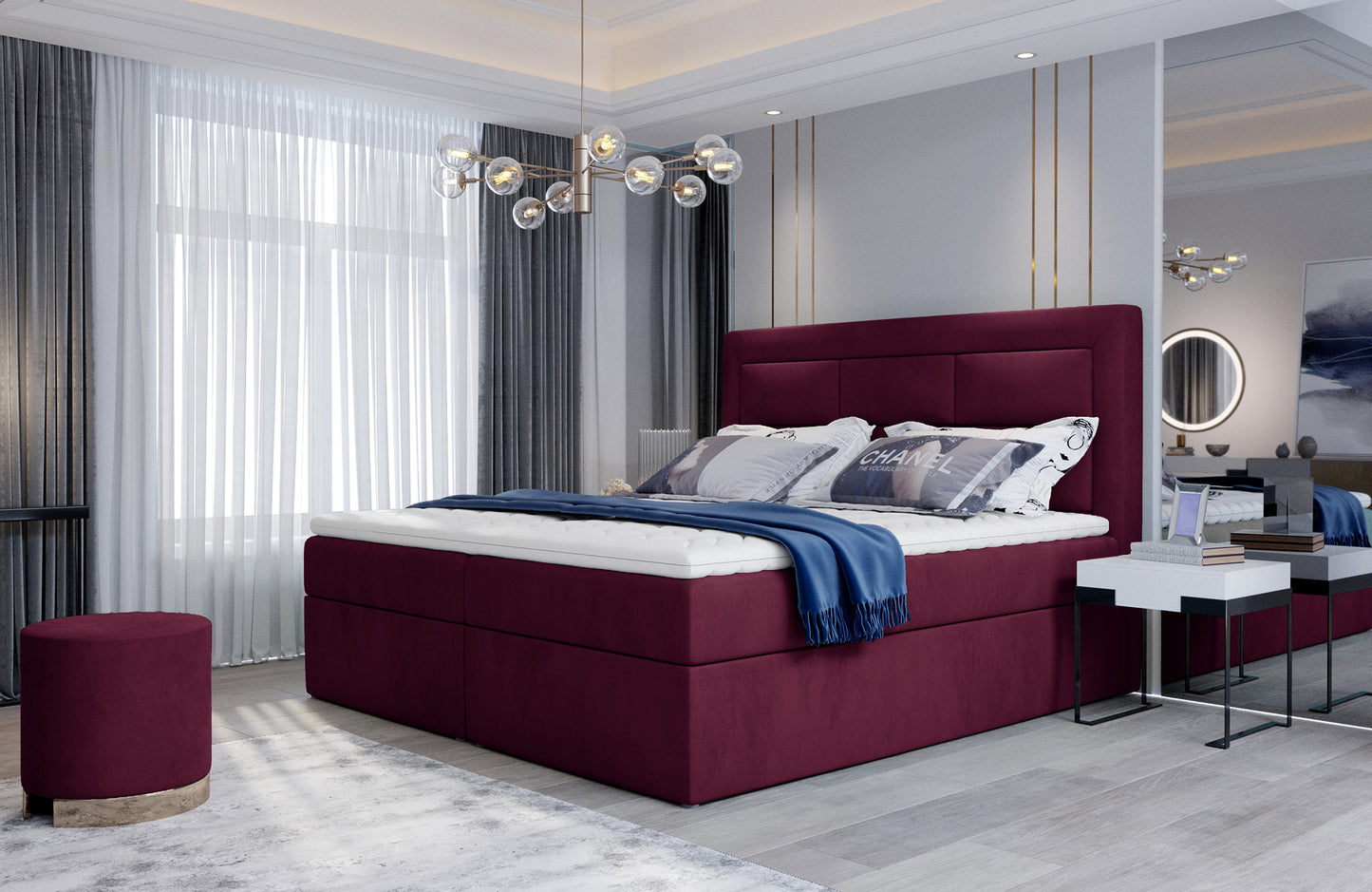 Nowoczesna sypialnia z łóżkiem Vivre w kolorze Mat Velvet 68 bordowy, rozmiar 140x200 cm, z tapicerowanym zagłówkiem i stylową aranżacją wnętrza.
