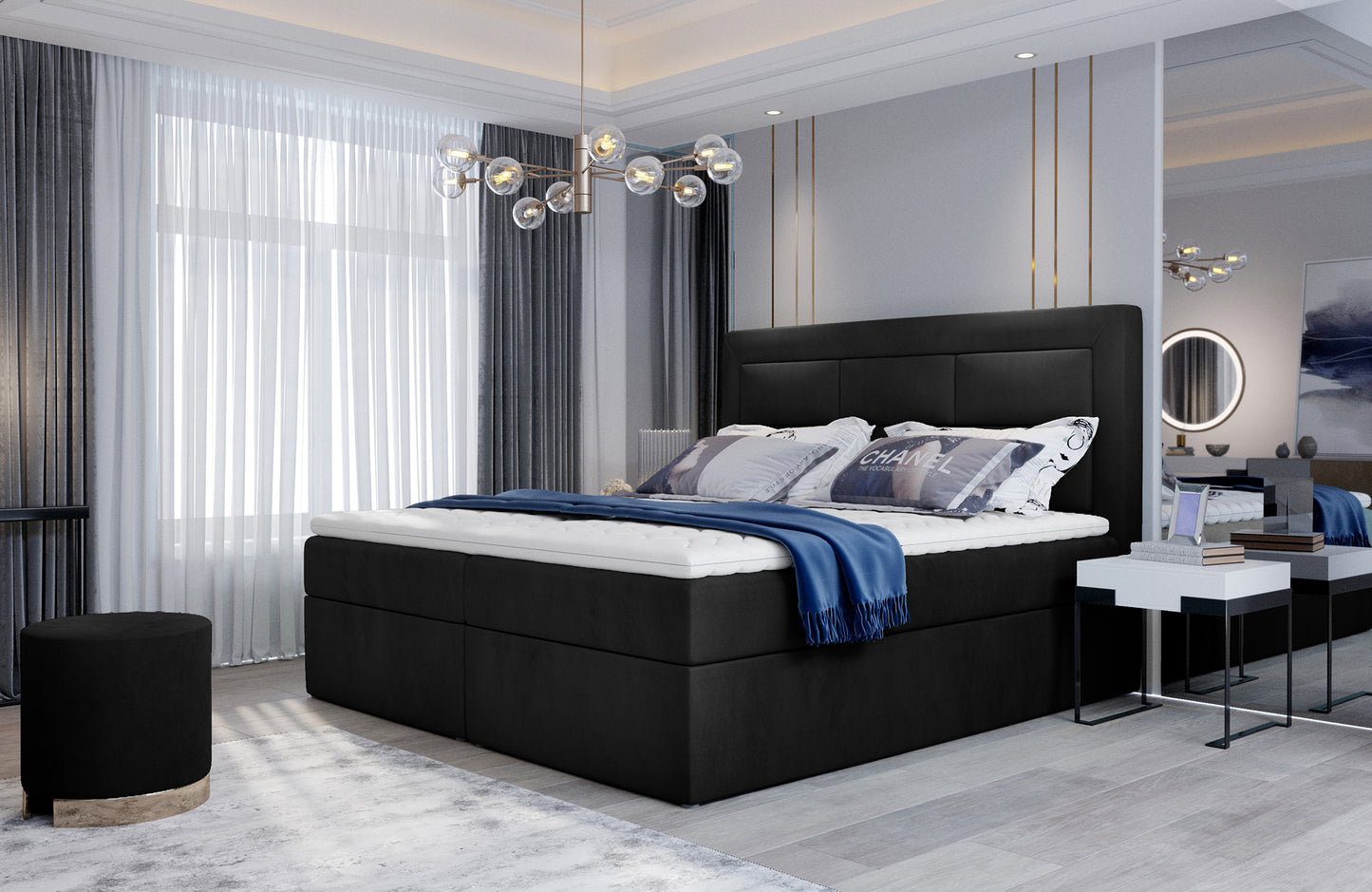 Stylowa sypialnia z łóżkiem Vivre w kolorze Mat Velvet 99 czarny, rozmiar 140x200 cm, z tapicerowanym zagłówkiem i nowoczesną aranżacją wnętrza.