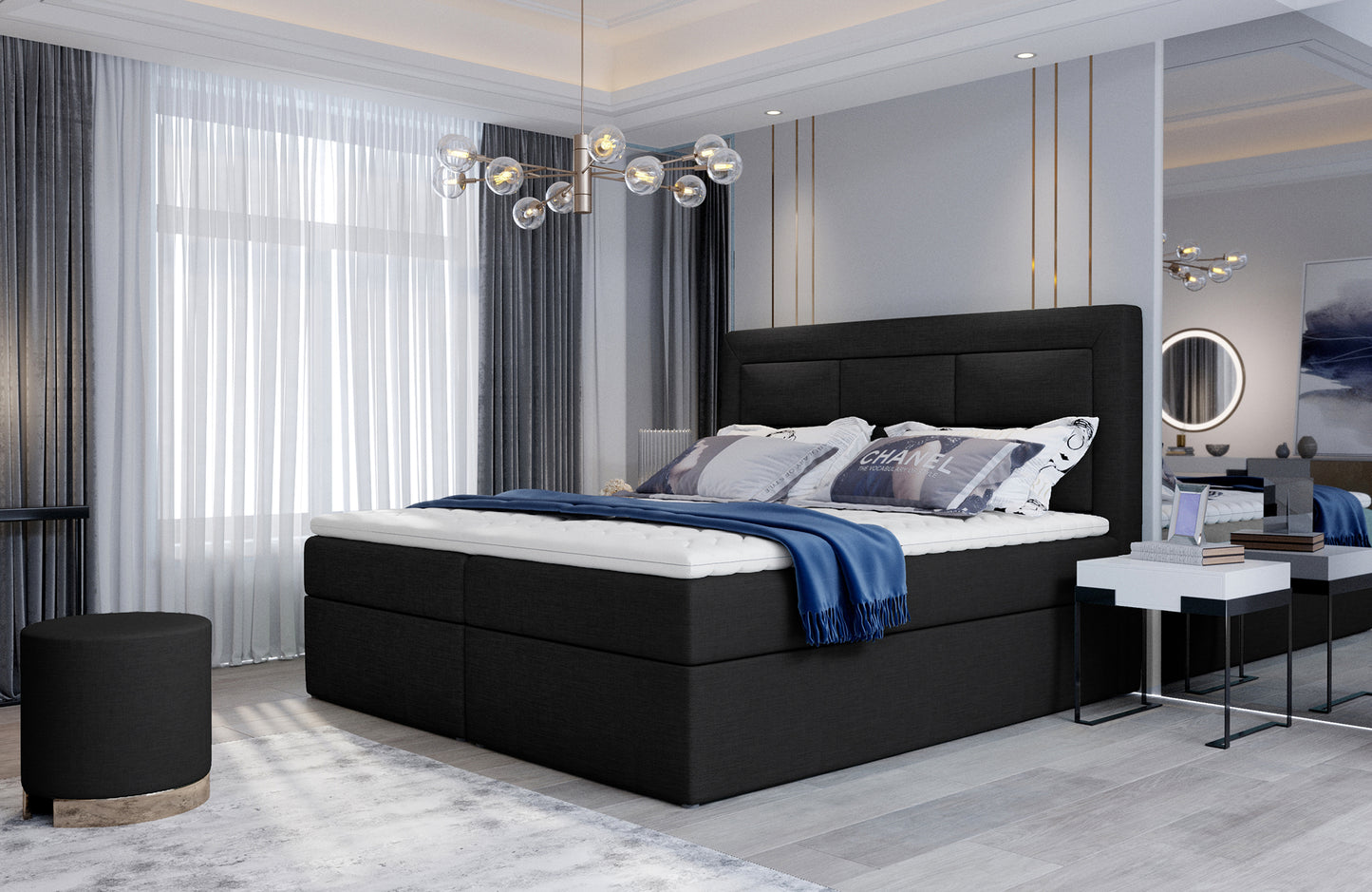 Nowoczesna sypialnia z łóżkiem Vivre w kolorze Sawana 14 czarny, rozmiar 140x200 cm, z tapicerowanym zagłówkiem i stylową aranżacją wnętrza.