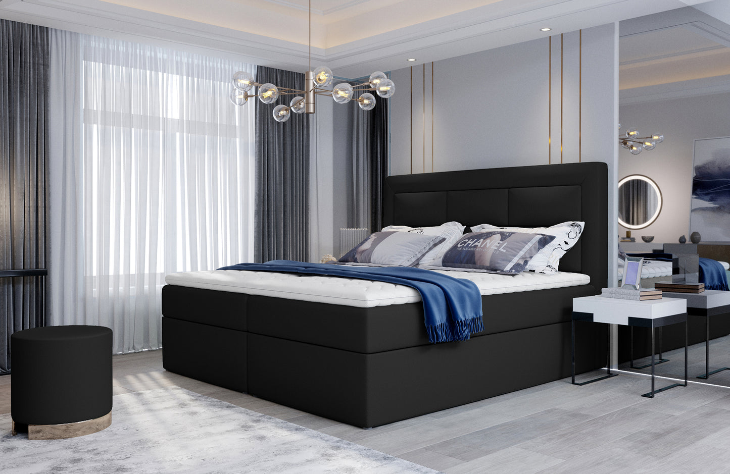 Nowoczesna sypialnia z łóżkiem Vivre w kolorze Soft 11 czarny, rozmiar 140x200 cm, z tapicerowanym zagłówkiem i stylową aranżacją wnętrza.