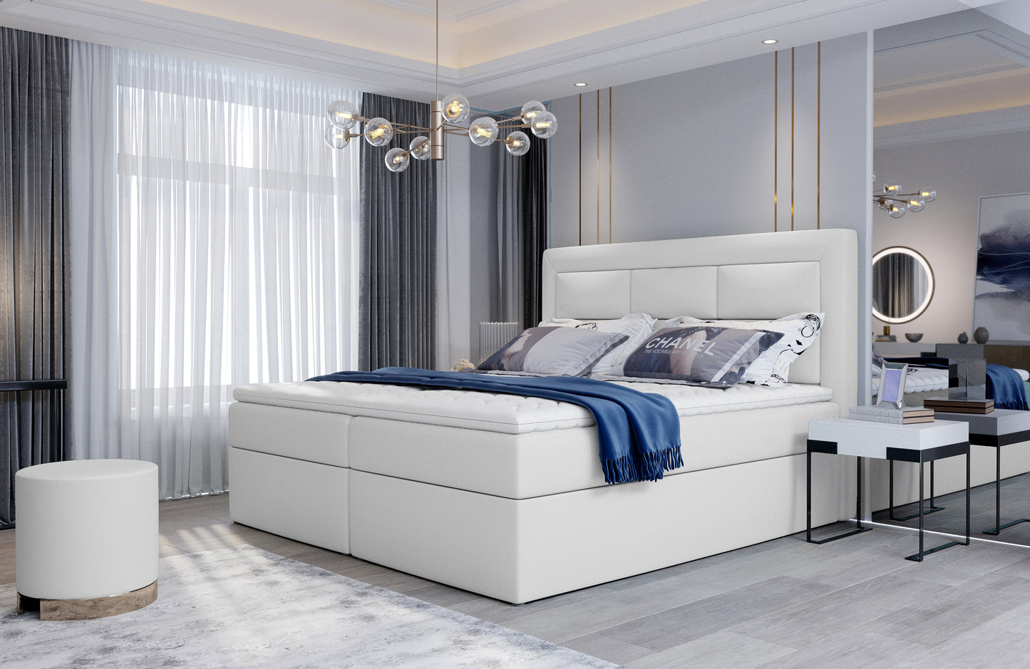 Stylowa sypialnia z łóżkiem Vivre w kolorze Soft 17 biały, rozmiar 140x200 cm, z tapicerowanym zagłówkiem i nowoczesną aranżacją wnętrza.