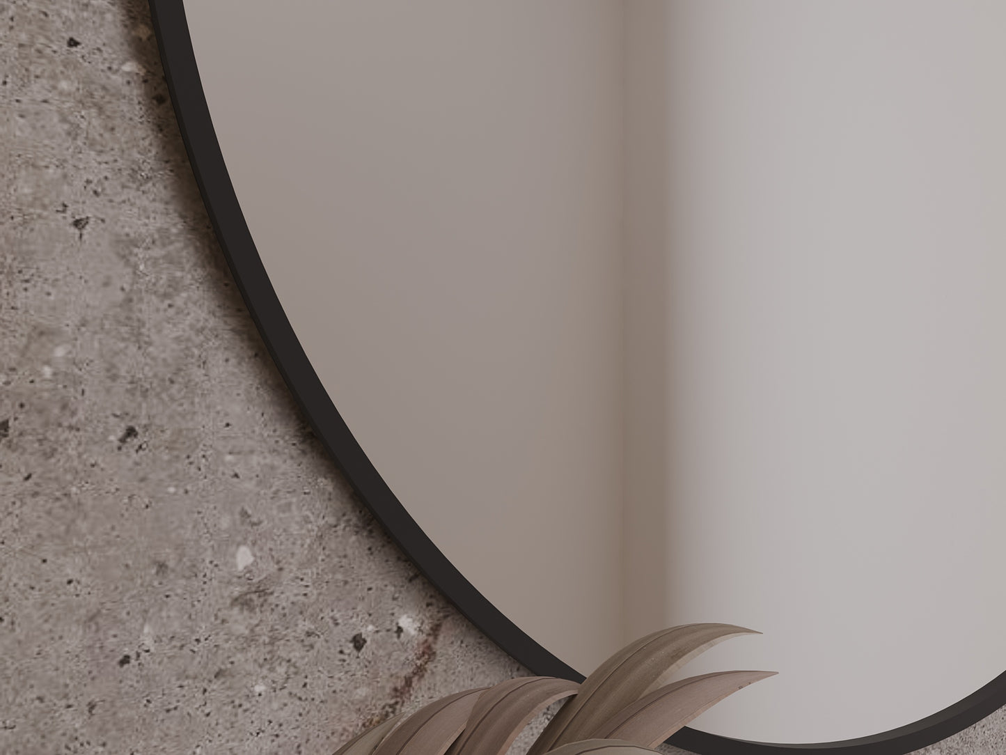 Zbliżenie na krawędź lustra Divissi 80 cm z czarną ramą, odbicie ściany i elementów dekoracyjnych.