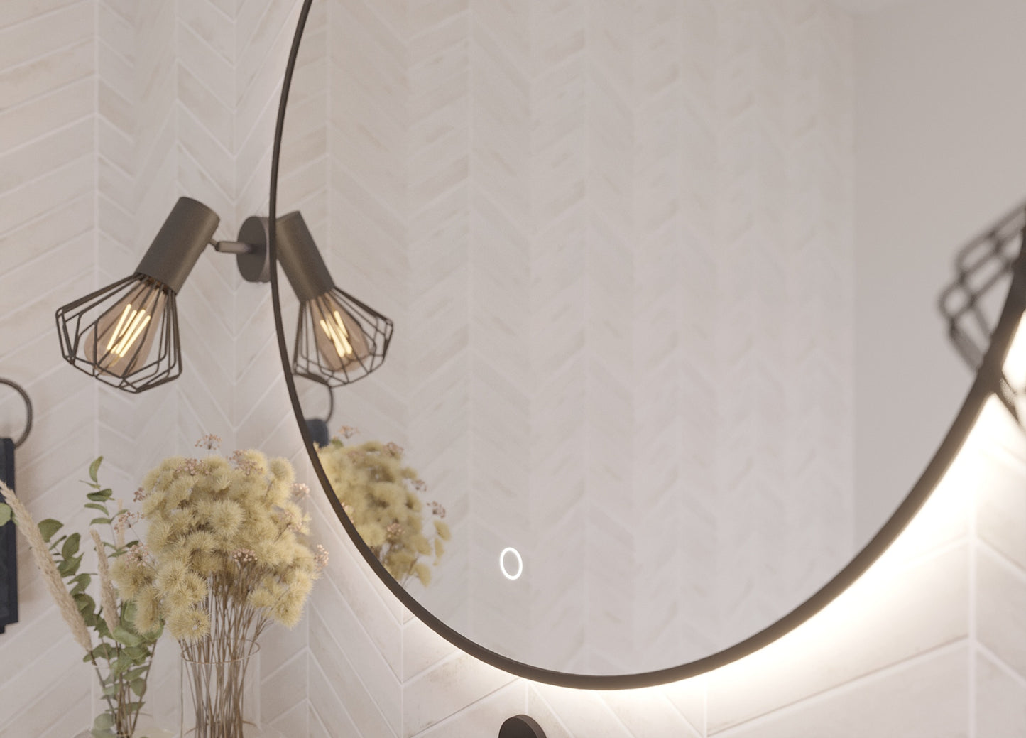 Zbliżenie na lustro Divissi A 60 cm z podświetleniem LED i dotykowym włącznikiem, widok detalu w łazience.