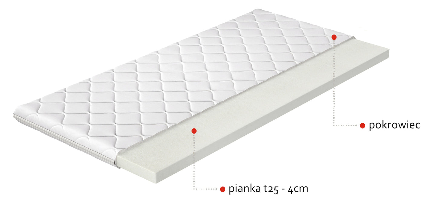 Przekrój materaca nawierzchniowego piankowego T25 w rozmiarze 140x200 cm z oznaczeniem pianki T25 o grubości 4 cm i hipoalergicznego pokrowca.