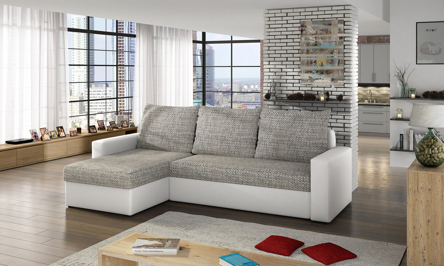 Narożnik Livio w aranżacji salonu, szary Berlin 01 z białą podstawą Soft 17
