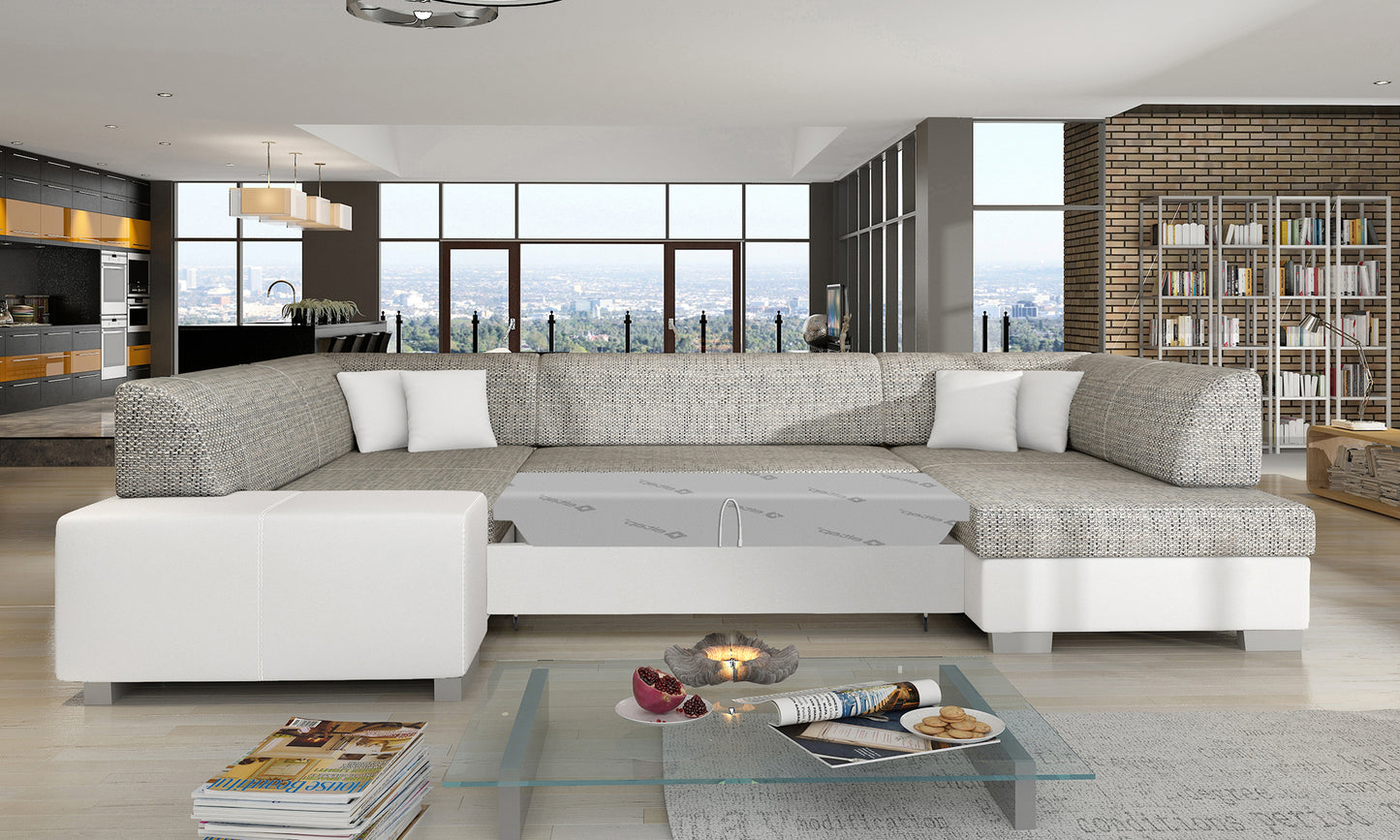 Narożnik Havana Berlin 01 szary z białymi wykończeniami Soft 17, modułowa sofa prezentowana w przestronnym, nowoczesnym salonie
