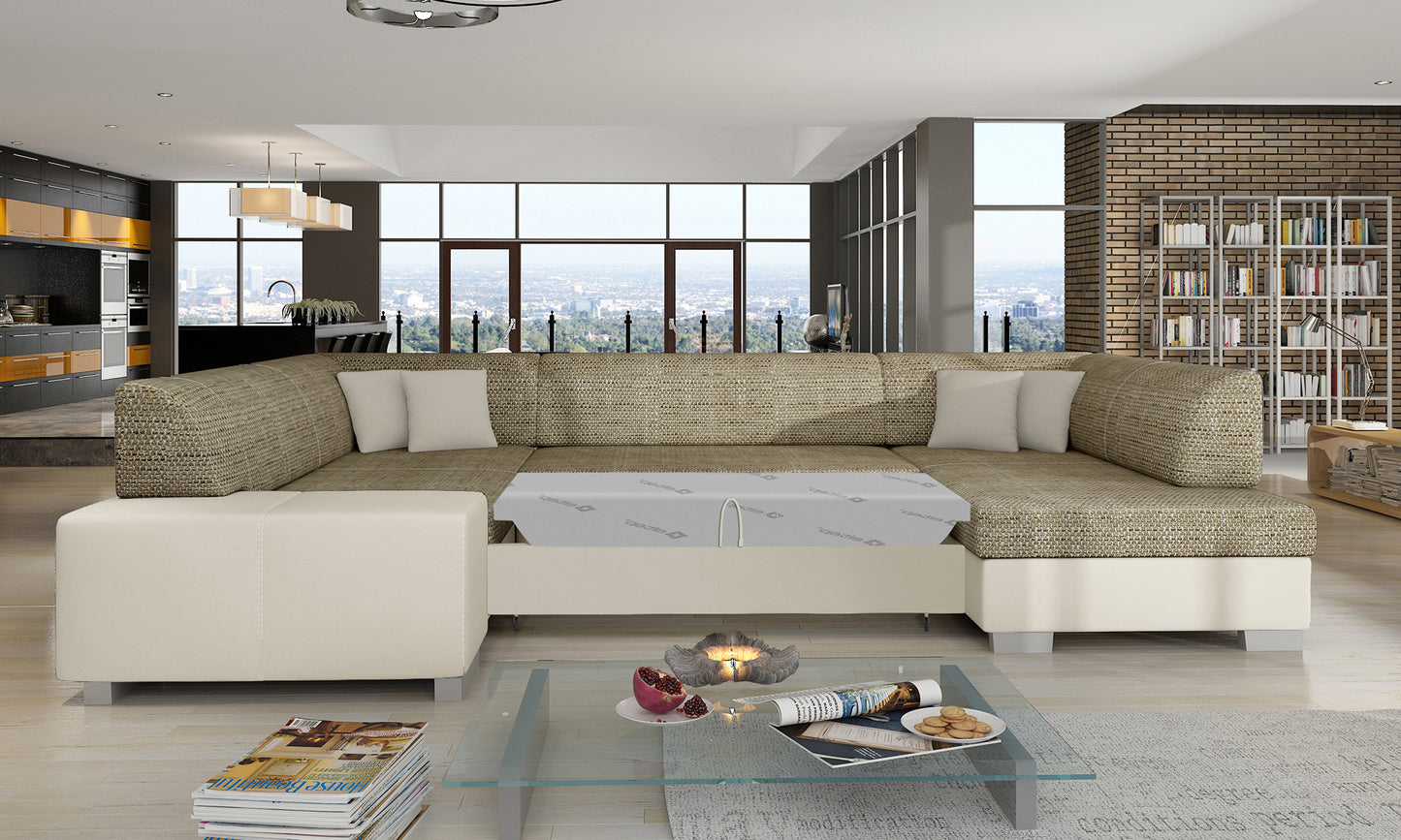Narożnik Havana Berlin 03 i Soft 33, modułowa beżowa sofa prezentowana w eleganckim salonie