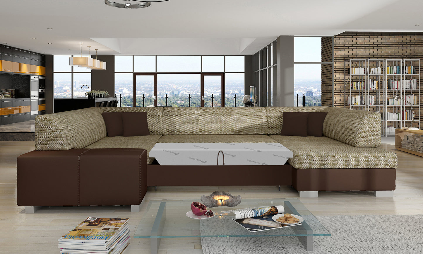 Narożnik Havana Berlin 03 beżowy z brązowymi wykończeniami Soft 66, modułowa sofa prezentowana w nowoczesnym salonie