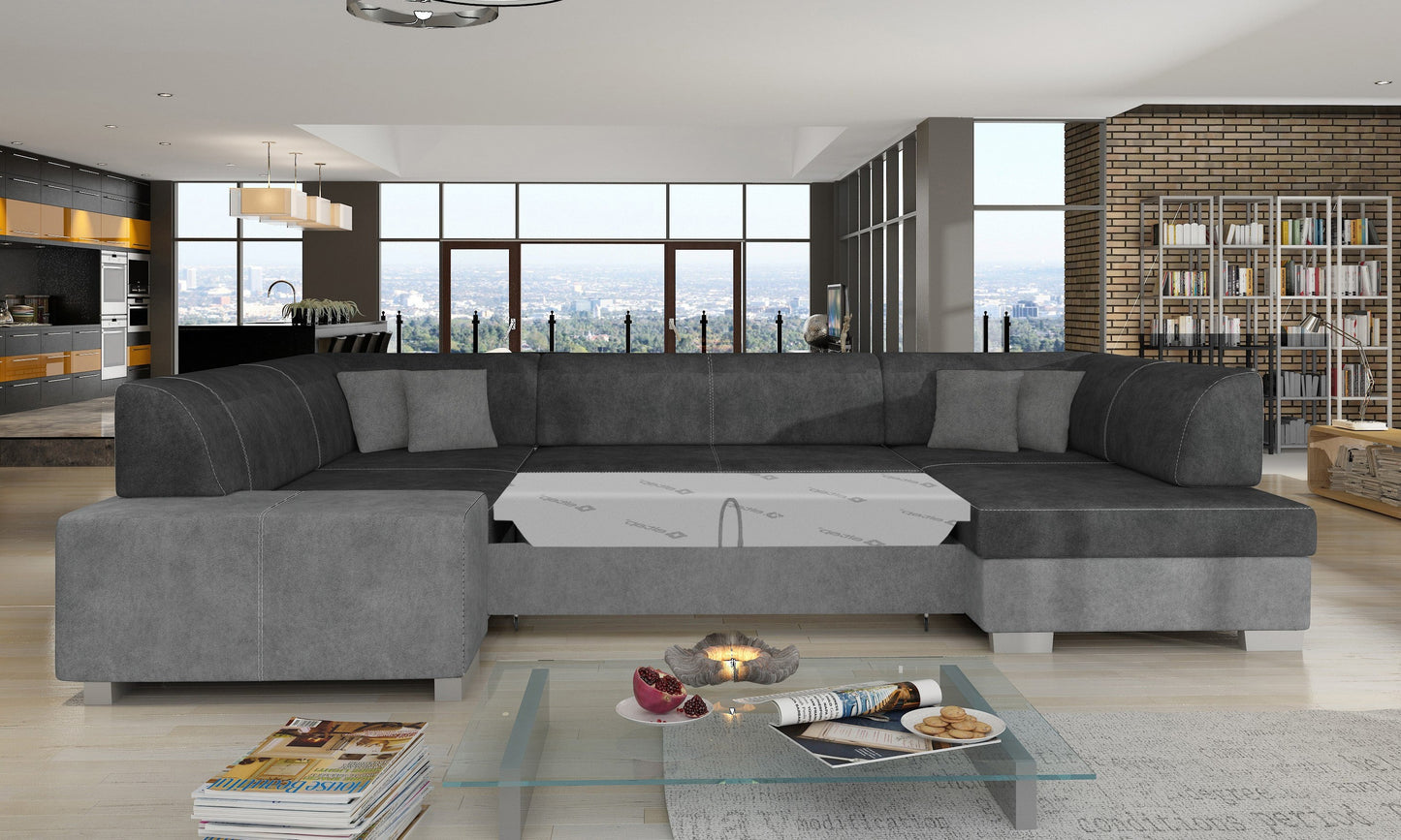 Narożnik Havana Dora 96 i Dora 90, modułowa sofa w odcieniach szarości prezentowana w nowoczesnej aranżacji salonu