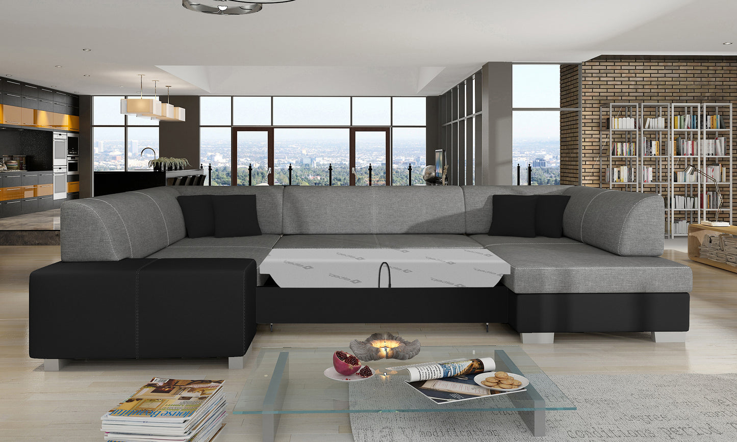 Narożnik Havana Sawana 05 z czarnymi wykończeniami Soft 11, modułowa sofa prezentowana w nowoczesnym salonie