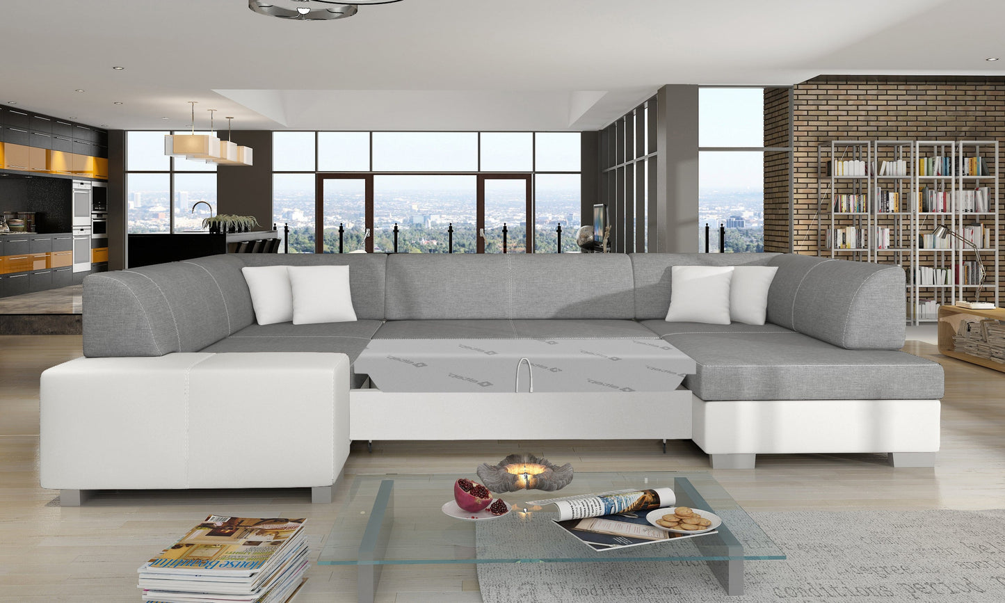 Narożnik Havana Sawana 21 z białymi wykończeniami Soft 17, modułowa sofa prezentowana w przestronnym salonie