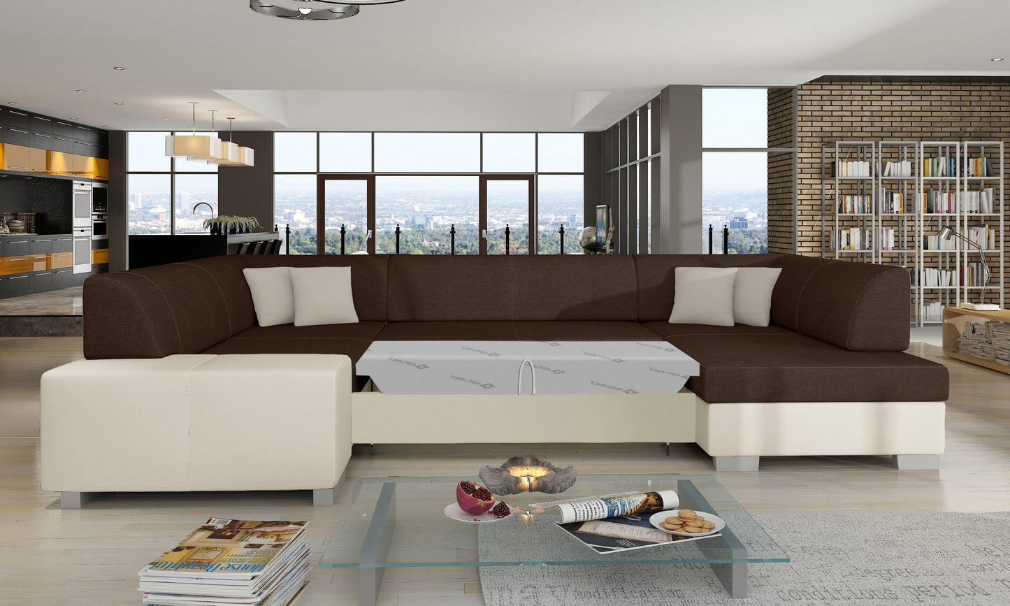 Narożnik Havana Sawana 26 brązowy z beżowymi wykończeniami Soft 33, modułowa sofa prezentowana w nowoczesnym salonie