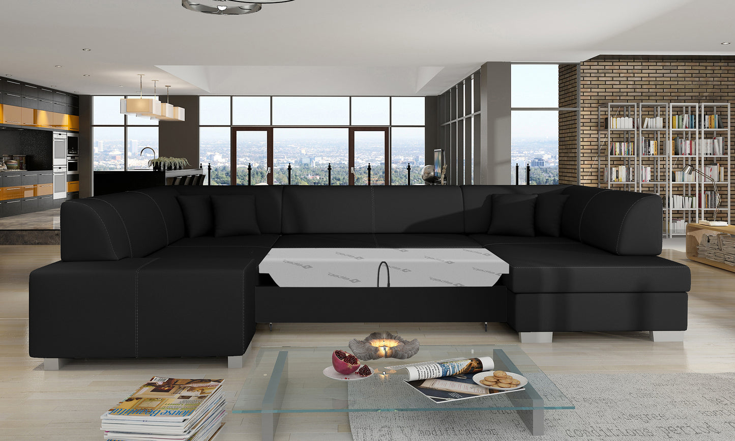 Narożnik Havana Soft 11 czarny, modułowa sofa prezentowana w nowoczesnym, jasnym salonie