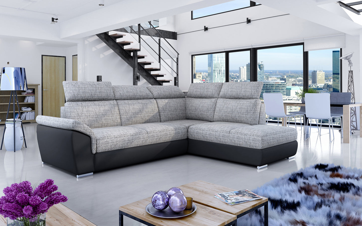 Narożnik Loreto w tkaninie Berlin 01 szary z czarną podstawą Soft 11 w nowoczesnej aranżacji salonu