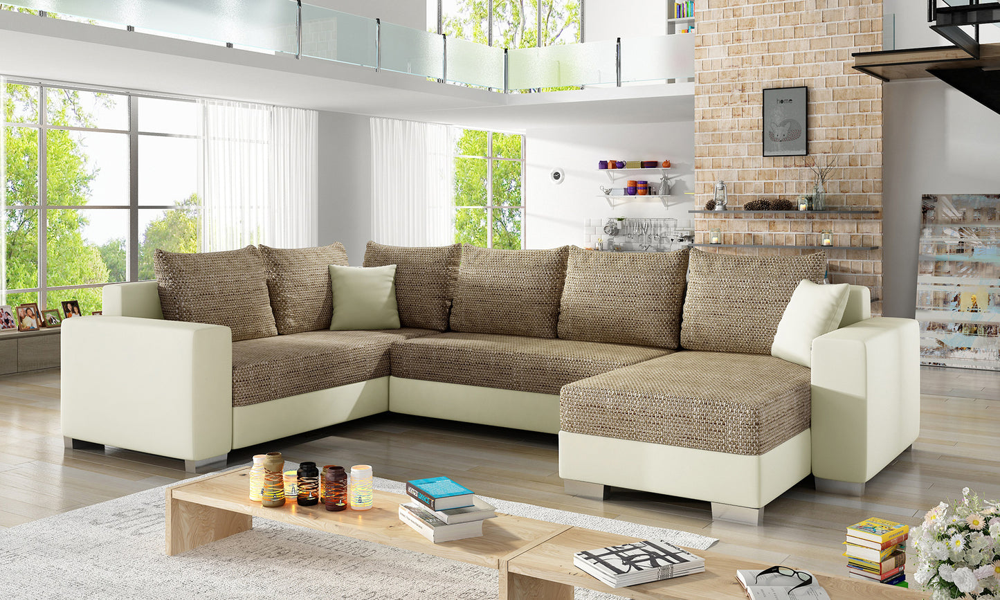 Narożnik Marco Berlin 03 ciemnobeżowy z jasną podstawą Soft 33 ustawiony w jasnym, nowoczesnym salonie