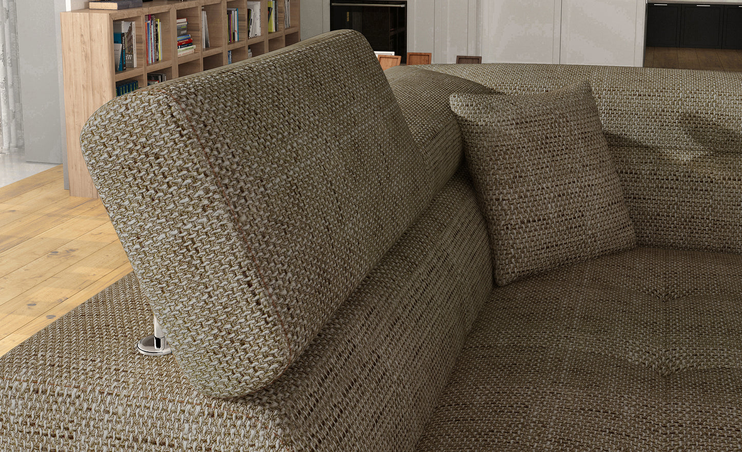 Zagłówek i poduszka narożnika Anton Berlin 03 ciemnobeżowy / Soft 66 brązowy – detal wykończenia.