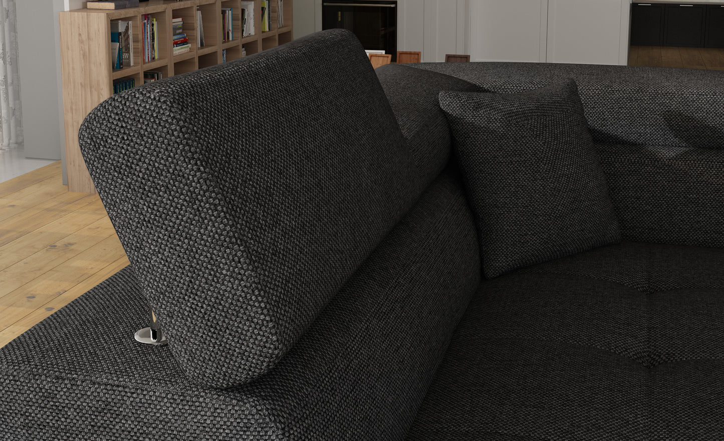 Zagłówek i poduszka narożnika Anton Inari 96 ciemnoszary / Soft 29 szary – detal wykończenia.