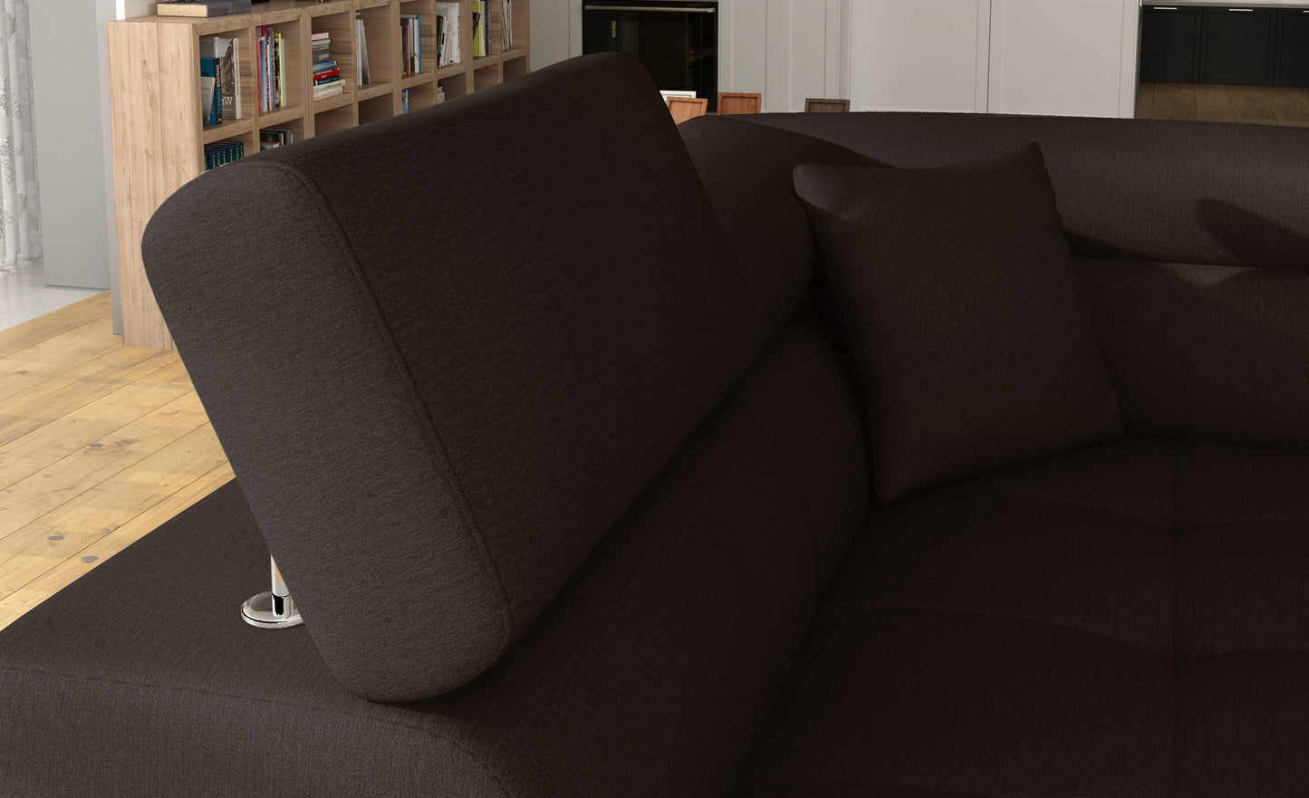 Zagłówek i poduszka narożnika Anton Monolith 29 brązowy / Monolith 09 jasnobrązowy – detal wykończenia.