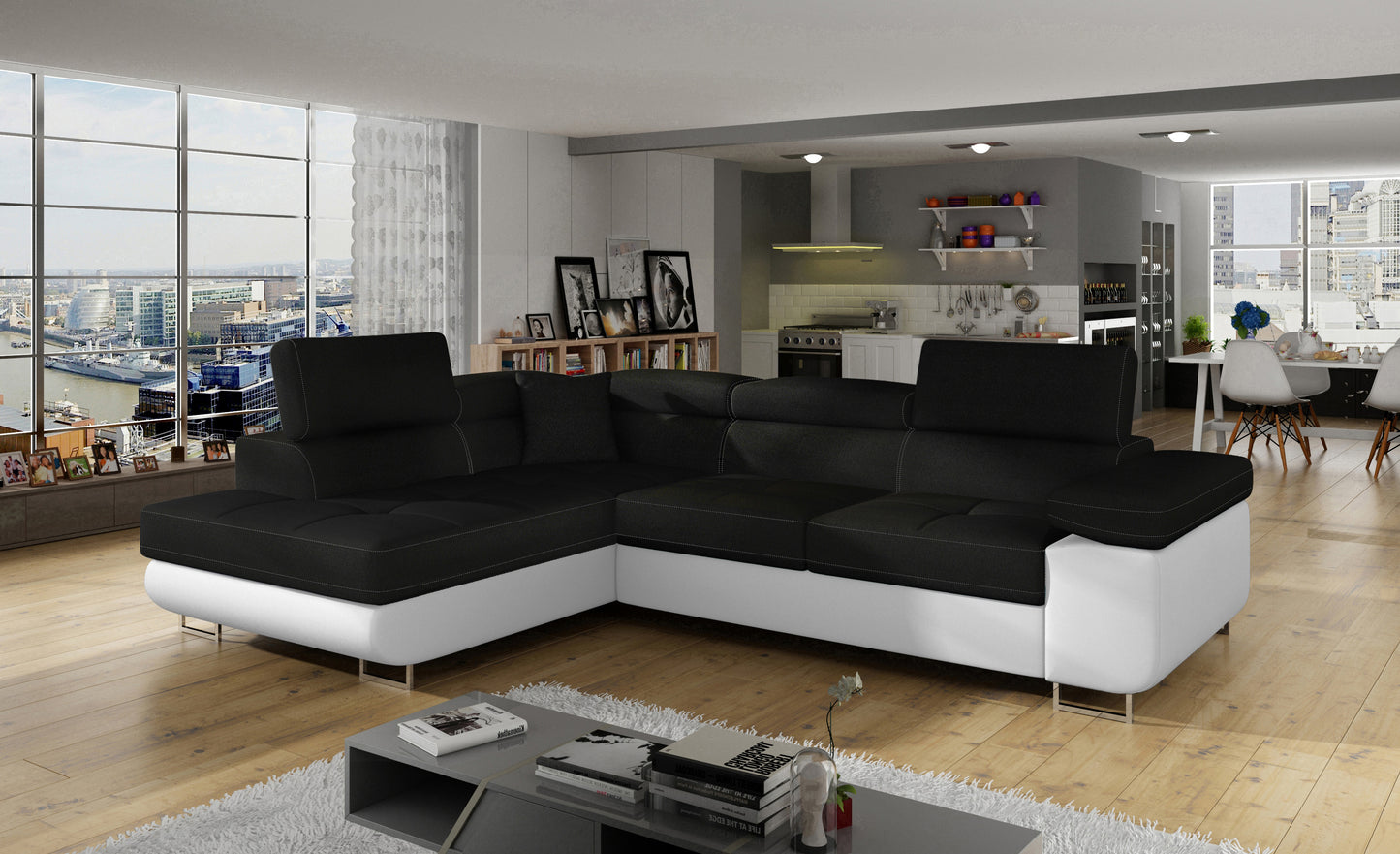 Narożnik Anton Sawana 14 czarny / Soft 17 biały w aranżacji nowoczesnego salonu.
